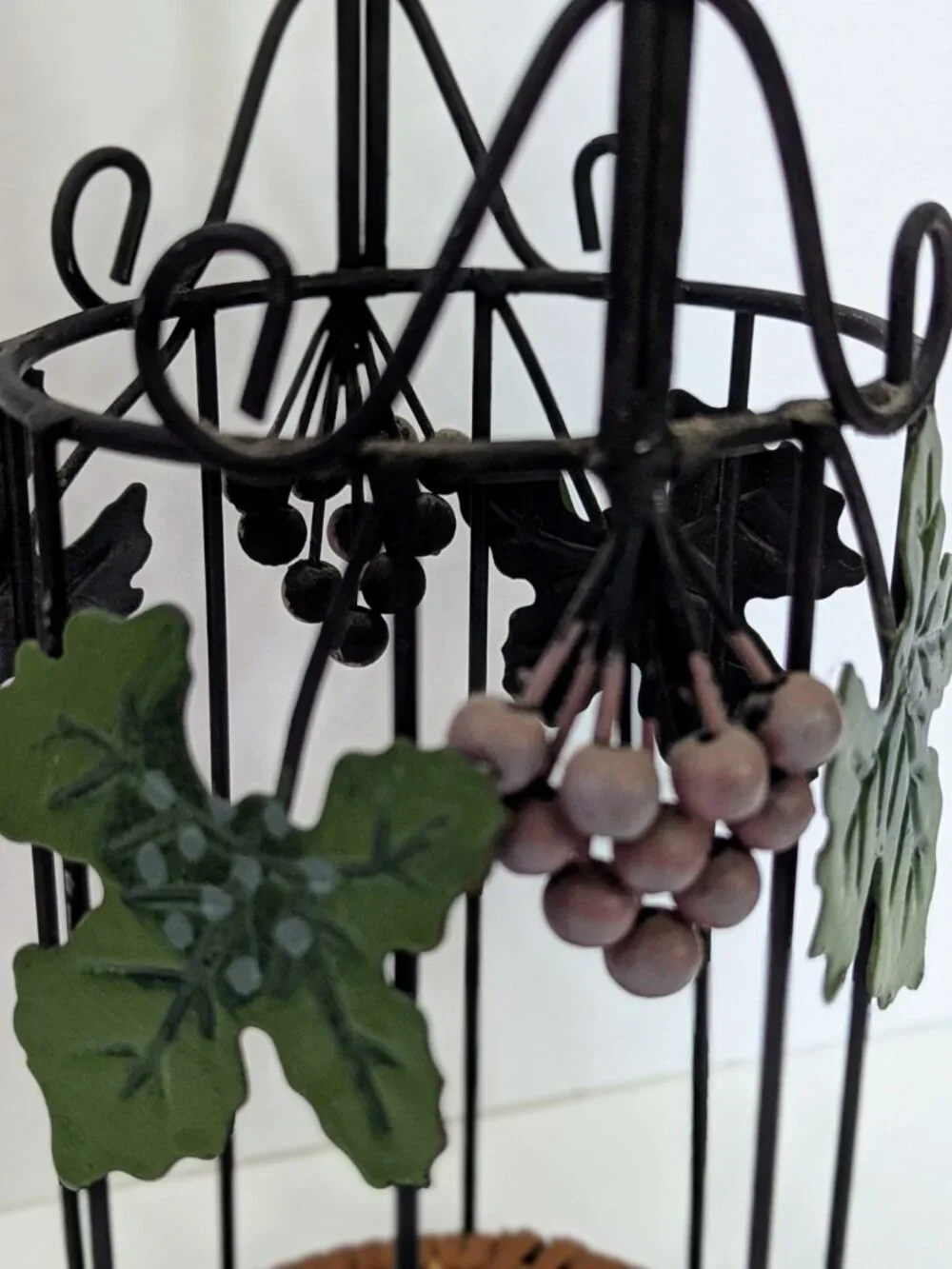 Vintage Wrought Iron Wine Bottle Caddy Wicker Grape Leaf Holder